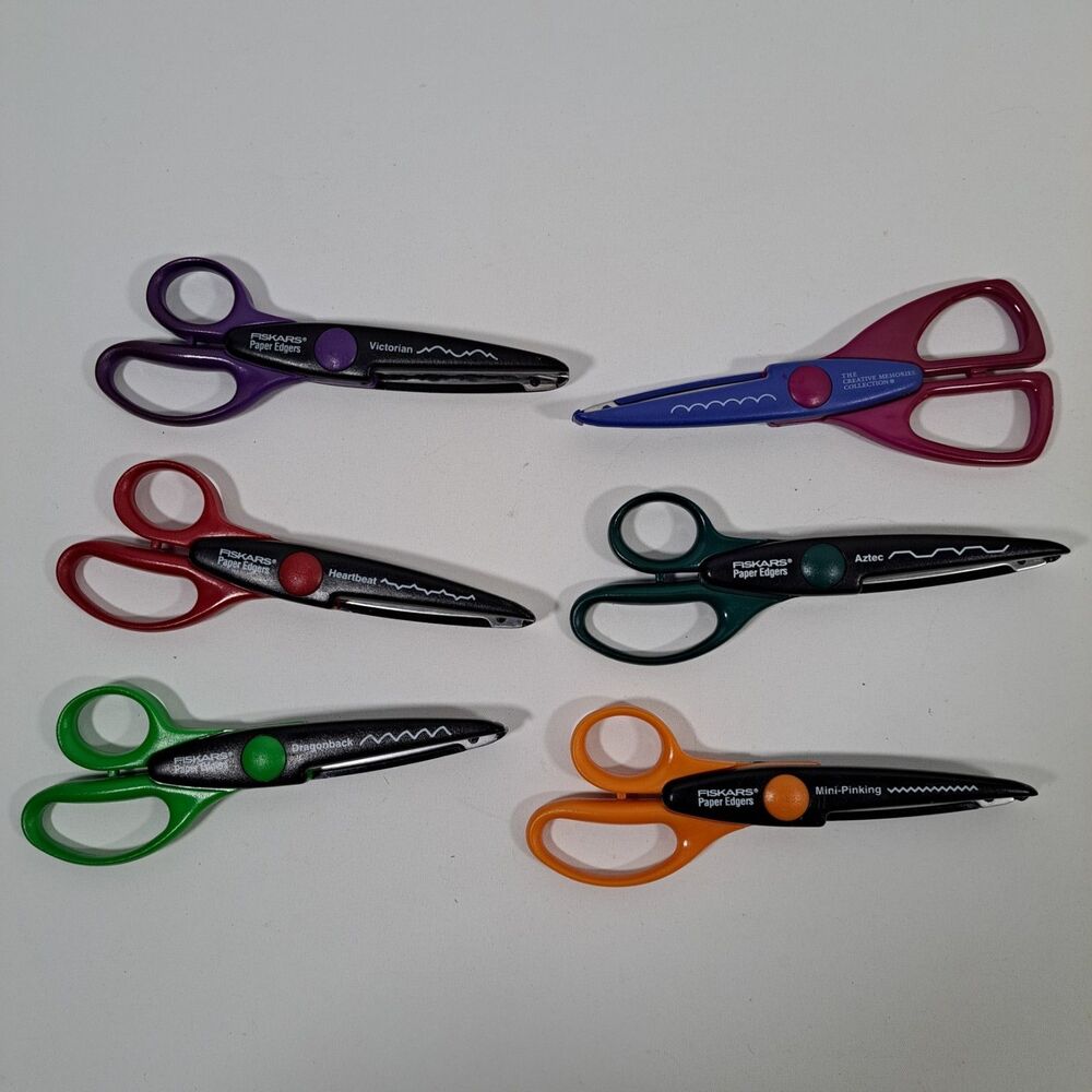 6 FISKARS Paper Edger Scissor Victorian Heartbeat Pinking Aztec Scallop Triangle